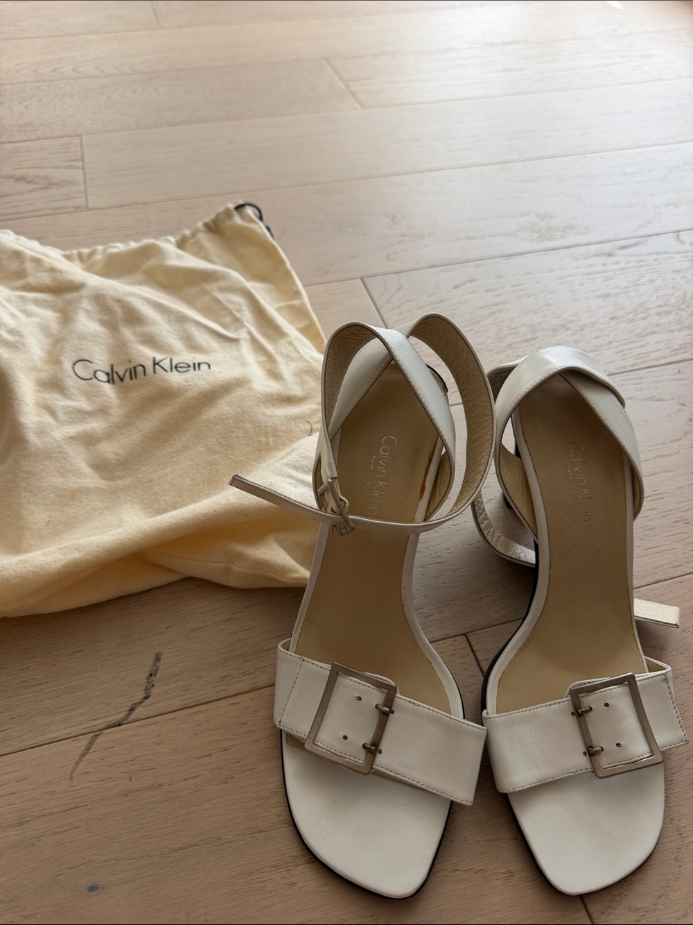 Calvin Klein White Leather Buckle Ankle-Strap Heels